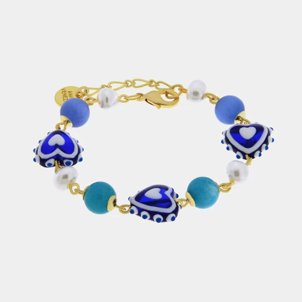 Bracciale in Metallo con Art Glass Stone pietre bianche e cuore blu - BYSIMON gioielli