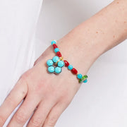 Bracciale in Metallo elastico con Murano Stone con pietre rosse e turchesi e fiore turchese