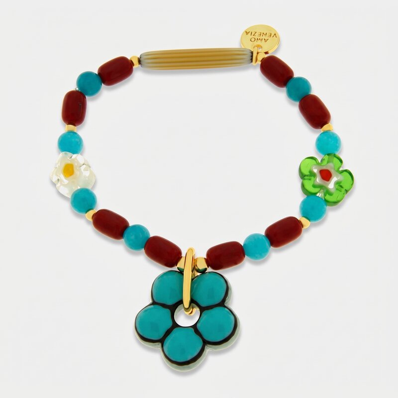 Bracciale in Metallo elastico con Art Glass Stone con pietre rosse e turchesi e fiore turchese - BYSIMON gioielli