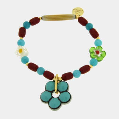 Bracciale in Metallo elastico con Art Glass Stone con pietre rosse e turchesi e fiore turchese