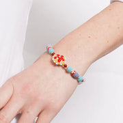 Bracciale in Metallo elastico con perle multicolor e fiore giallo e rosso