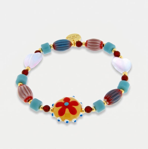 Bracciale in Metallo elastico con perle multicolor e fiore giallo e rosso - BYSIMON gioielli