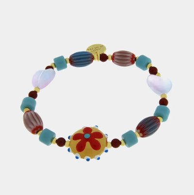 Stretch Metal Bracelet with multicolor pearls and yellow and red flower