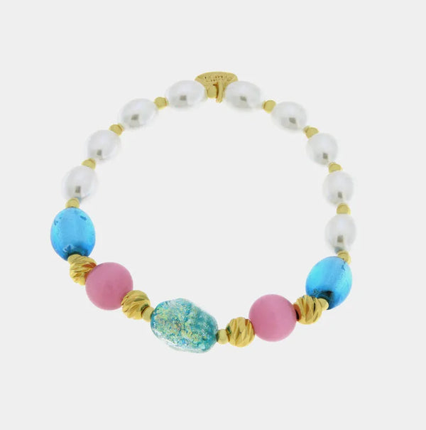 Bracciale in Metallo elastico con pietre bianche, rosa e azzurre - BYSIMON gioielli