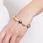 Bracciale in Metallo elastico con murano stone e fiori colorati e pietre rosa