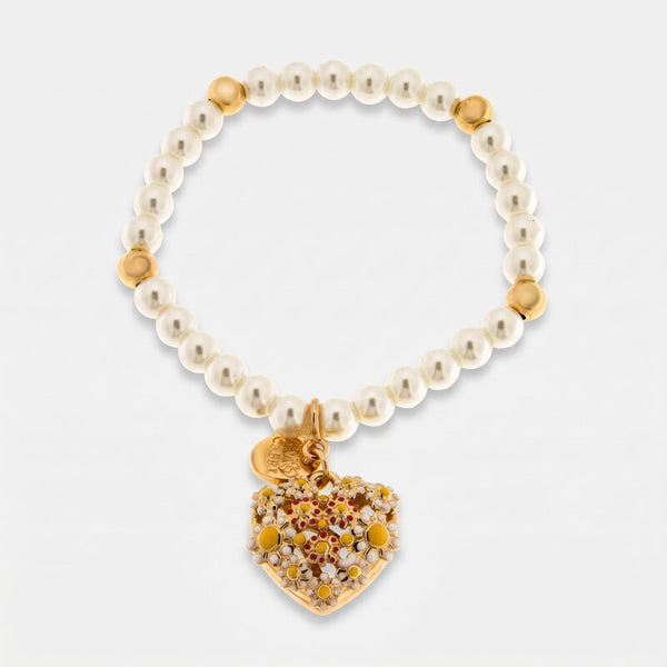 Bracciale in Metallo perle avorio sfere dorate cuore pendente margherite colorate Capri