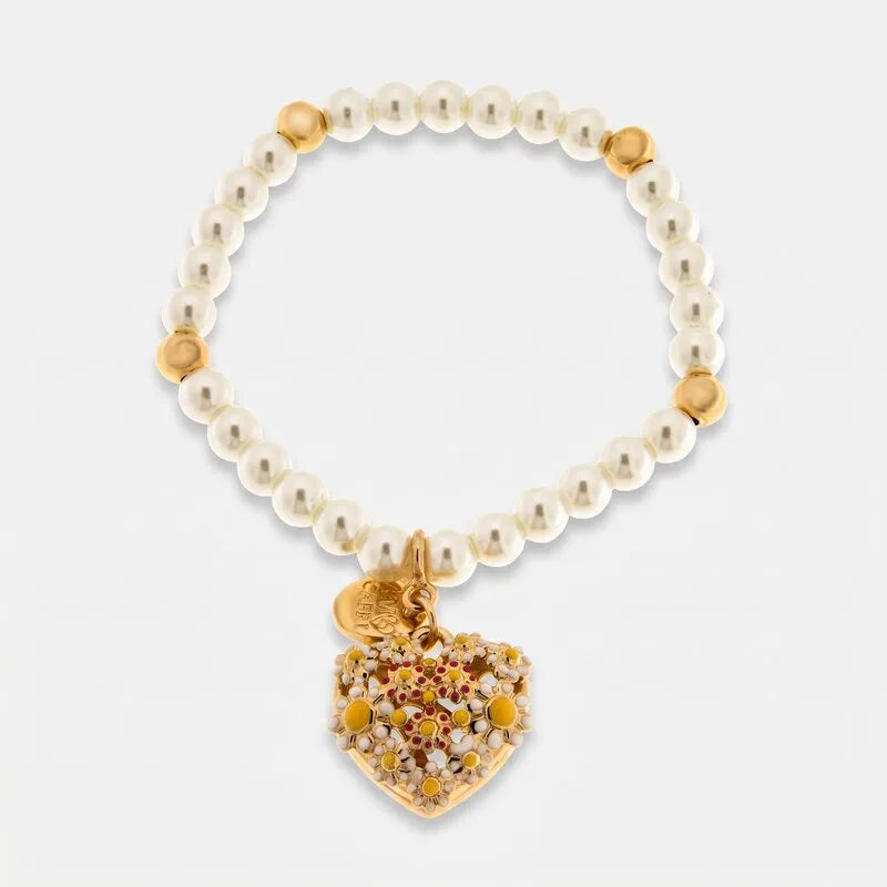 Bracciale in Metallo perle avorio sfere dorate cuore pendente margherite colorate Capri