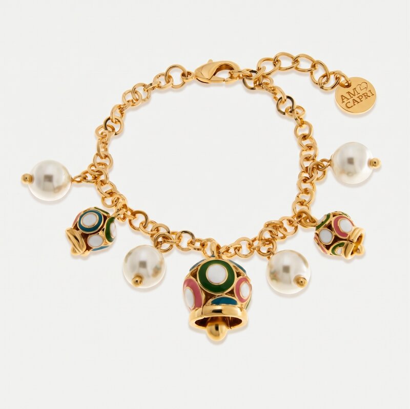 Bracciale in Metallo sfere bianche campanelle multicolor - BYSIMON gioielli