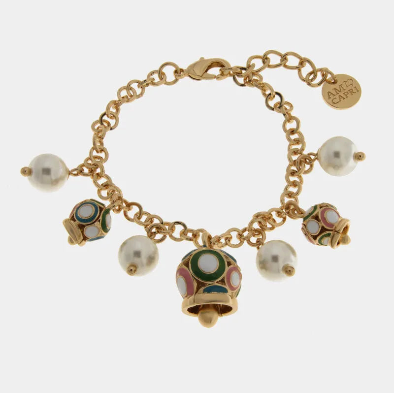 Bracciale in Metallo sfere bianche campanelle multicolor