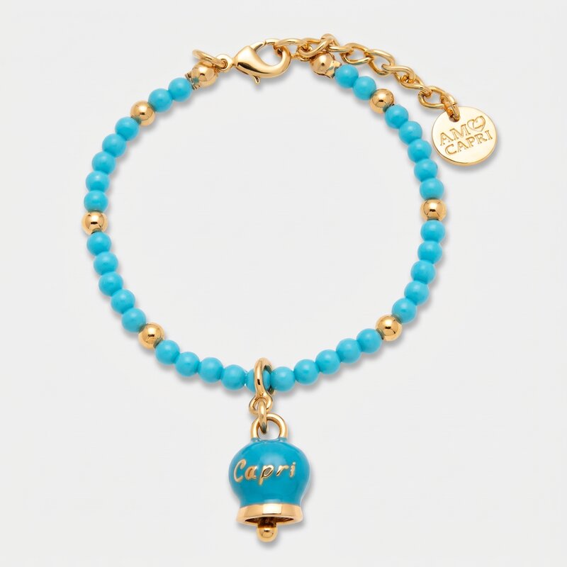 Bracciale in Metallo con filo di sfere azzurre e campanella azzurra con scritta capri - BYSIMON gioielli