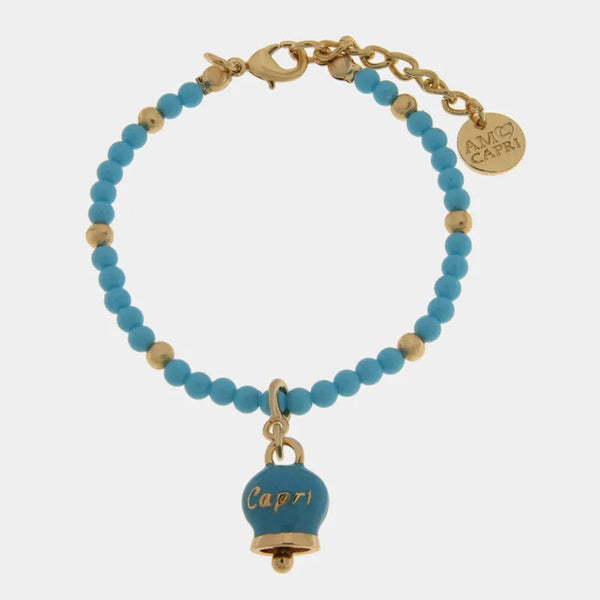 Bracciale in Metallo con filo di sfere azzurre e campanella azzurra con scritta capri - BYSIMON gioielli