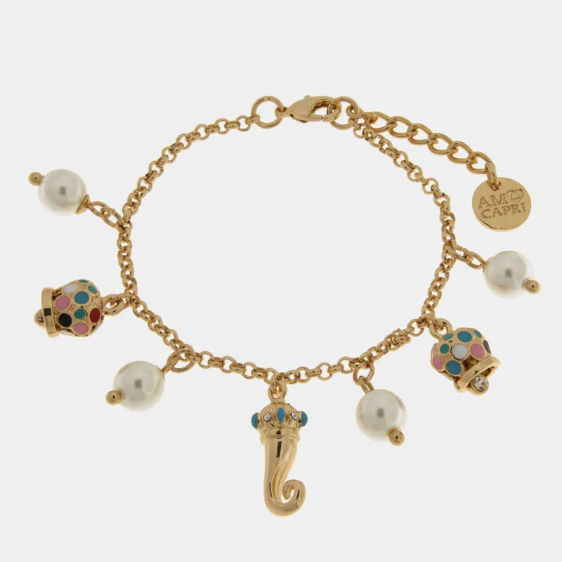 Bracciale in Metallo con corno dorato, campanelle multicolore e sfere bianche