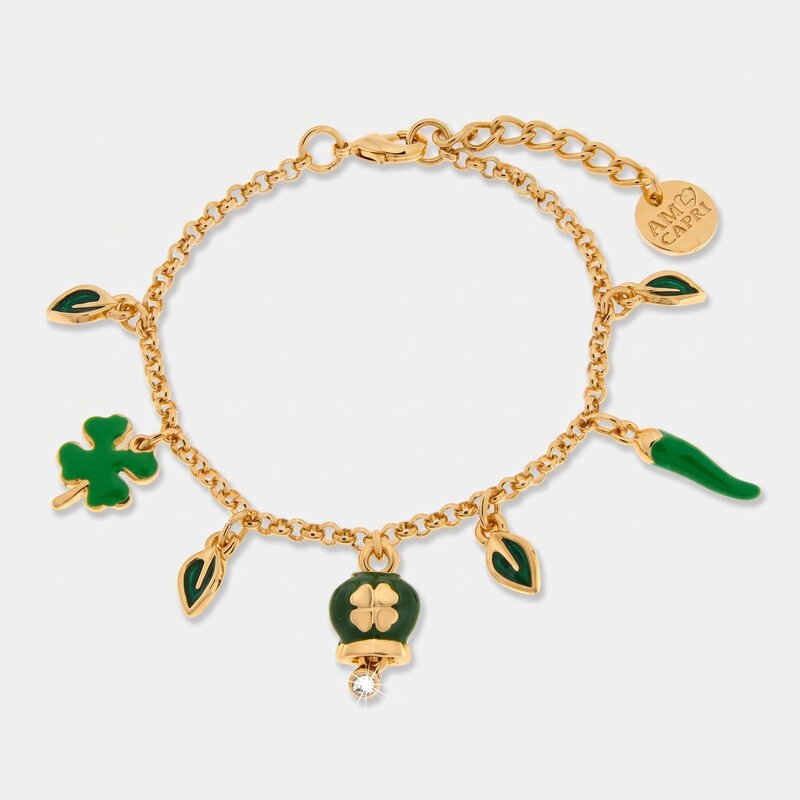Bracciale in metallo con corno portafortuna verde e quadrifoglio | corno portafortuna napoletano | BYSIMON