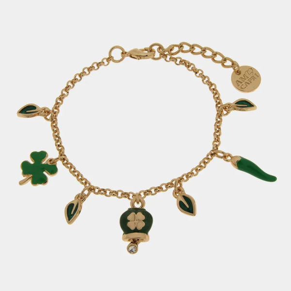 Bracciale in metallo con corno portafortuna verde e quadrifoglio | corno portafortuna napoletano | BYSIMON