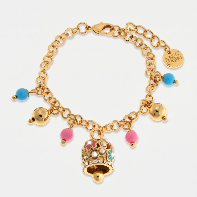 Bracciale in Metallo campanella fiori sfere rosa - BYSIMON gioielli
