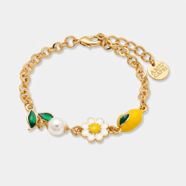 Bracciale in Metallo catena dorata limone perla margherita foglie verdi estiva Capri