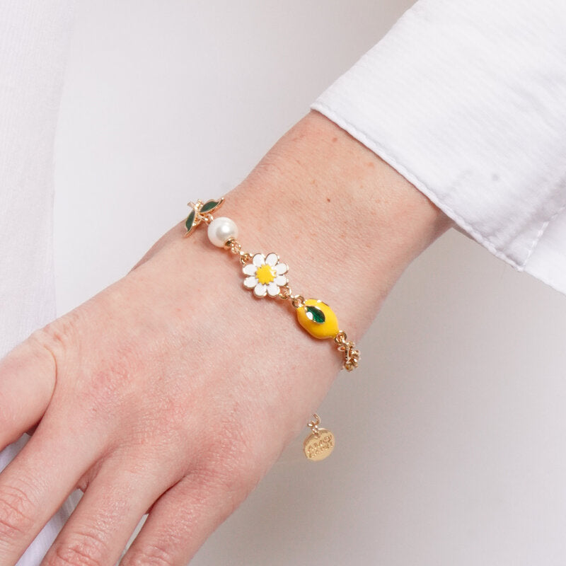 Bracciale in Metallo catena dorata limone perla margherita foglie verdi estiva Capri