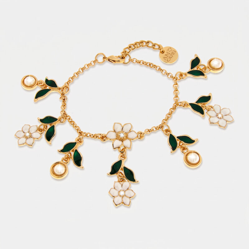 Bracciale in Metallo catena dorata fiori bianchi foglie verdi perle charm estiva Capri