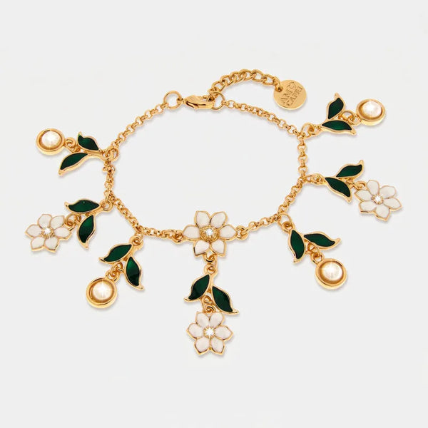 Bracciale in Metallo catena dorata fiori bianchi foglie verdi perle charm estiva Capri