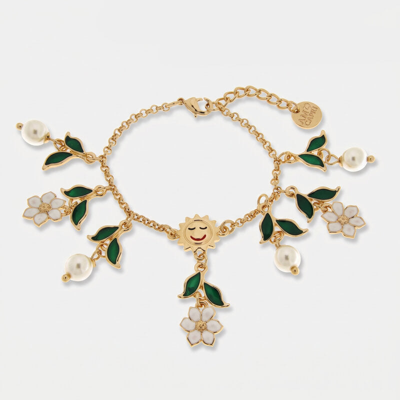 Bracciale in Metallo catena dorata sole fiori bianchi foglie verdi perle charm Capri