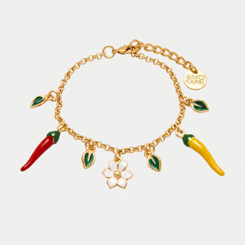 Bracciale in Metallo catena dorata peperoncini charm fiore bianco foglie verdi Capri