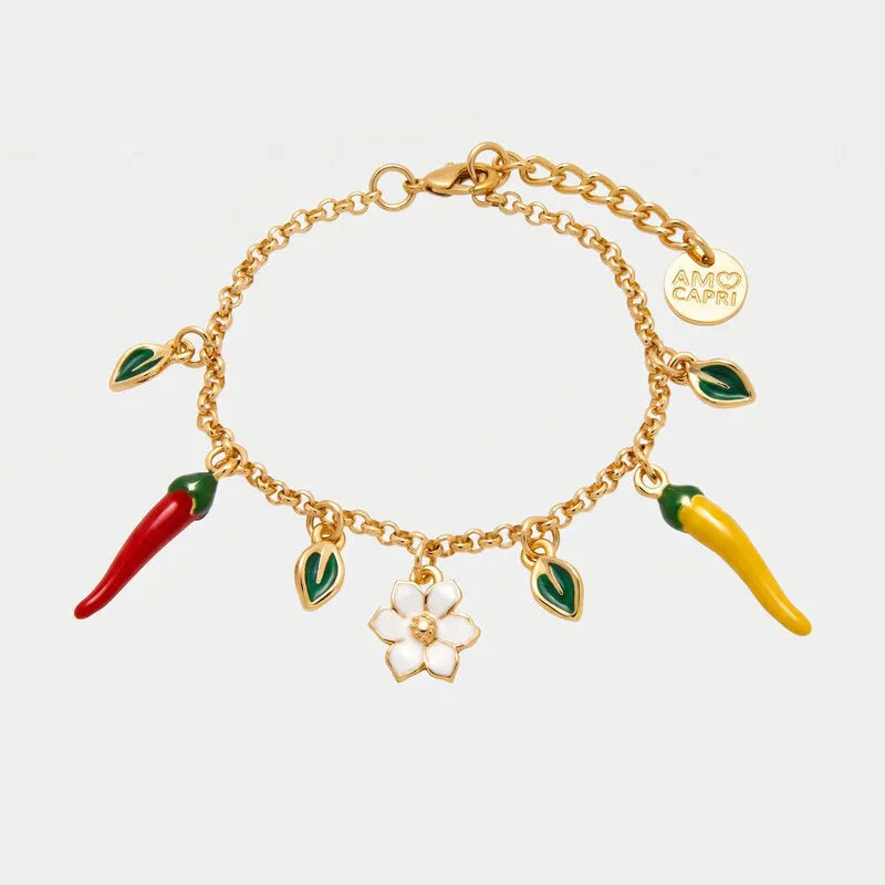 Bracciale in Metallo catena dorata peperoncini charm fiore bianco foglie verdi Capri