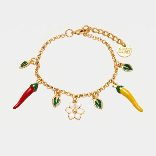 Bracciale in Metallo catena dorata peperoncini charm fiore bianco foglie verdi Capri