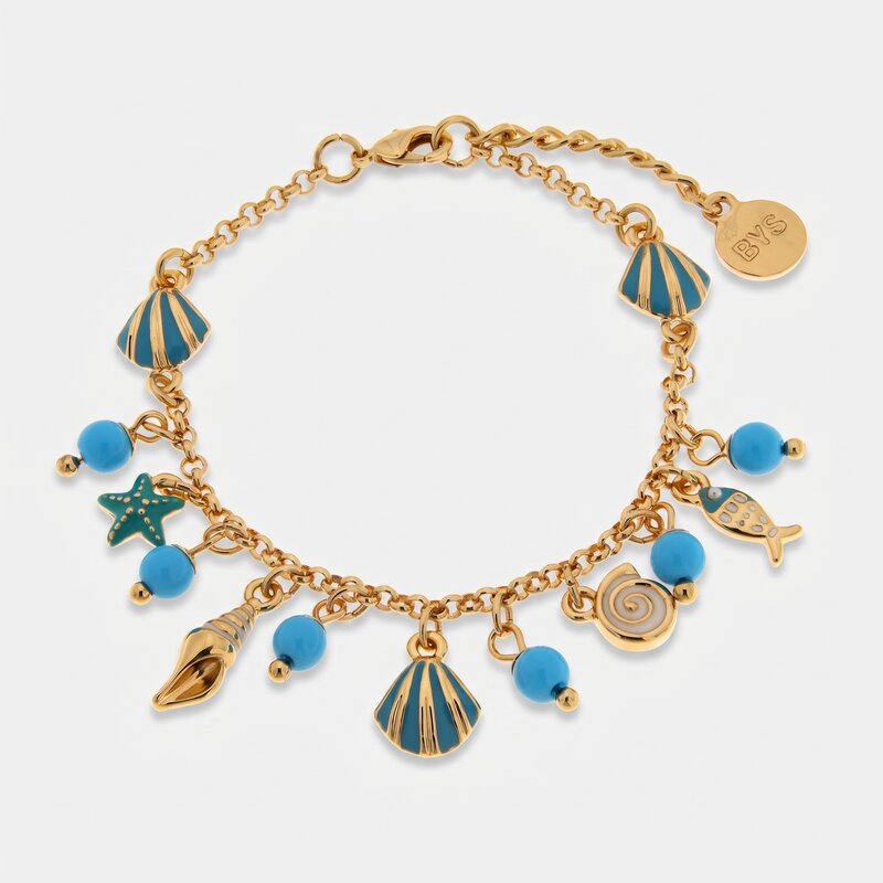 Bracciale in Metallo con simboli marini pendenti e pietre azzurre BYS - gioiello BySimon
