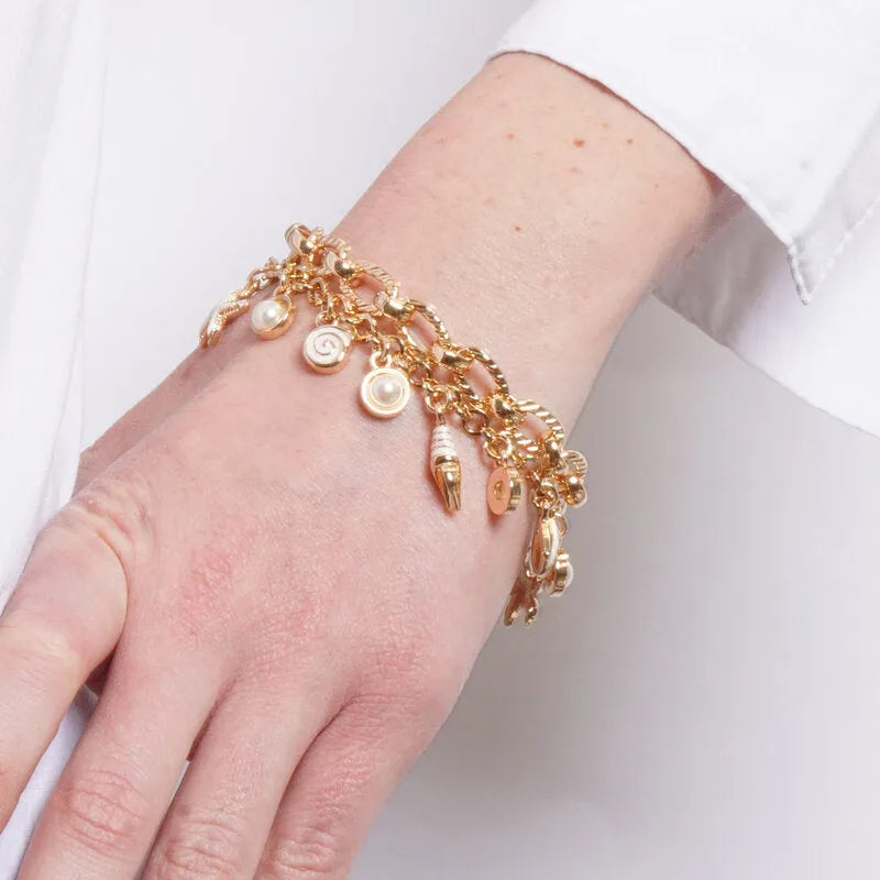 Bracciale doppio filo in metallo con simboli marini ancora e conchiglie - BYSIMON