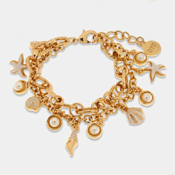 Bracciale doppio filo in metallo con simboli marini ancora e conchiglie - BYSIMON