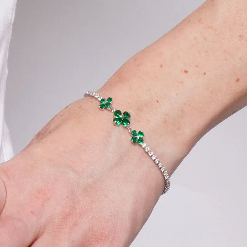 Bracciale in Metallo Quadrifogli Cristalli Verdi
