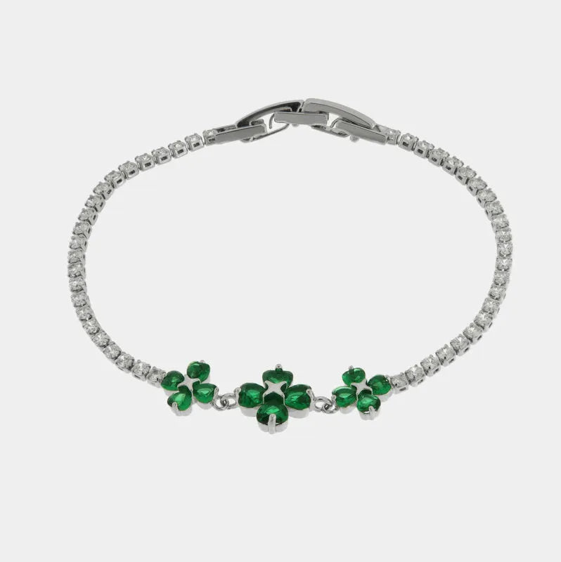 Bracciale in Metallo Quadrifogli Cristalli Verdi