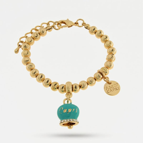 Bracciale in Metallo con campanella portafortuna blu turchese e cristalli CAPRI - gioiello BySimon