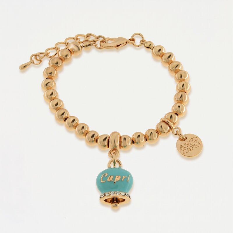 Bracciale in Metallo con campanella portafortuna turchese e cristalli - BYSIMON gioielli