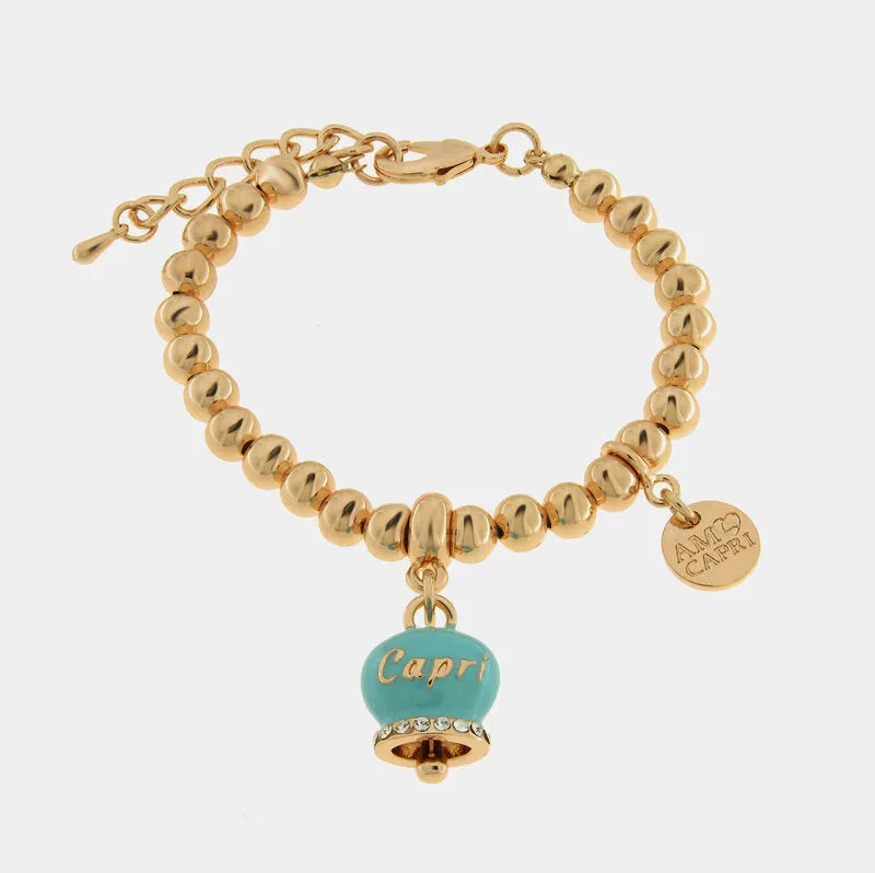 Bracciale in Metallo con campanella portafortuna turchese e cristalli