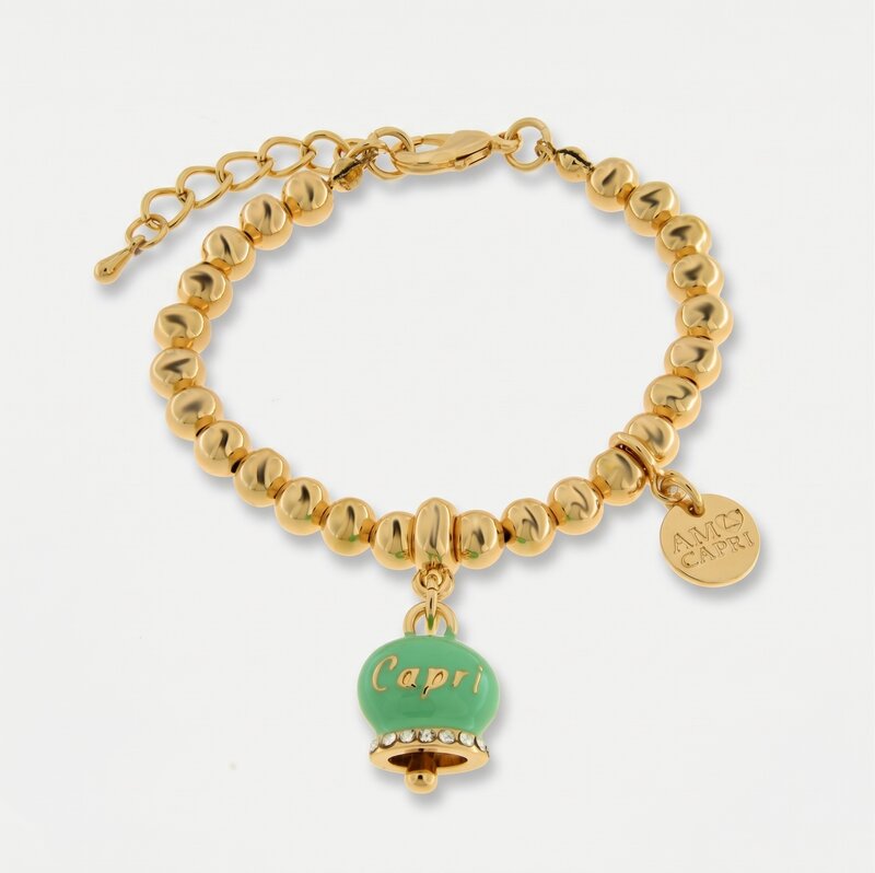 Bracciale in Metallo con campanella portafortuna verde menta e cristalli - BYSIMON gioielli