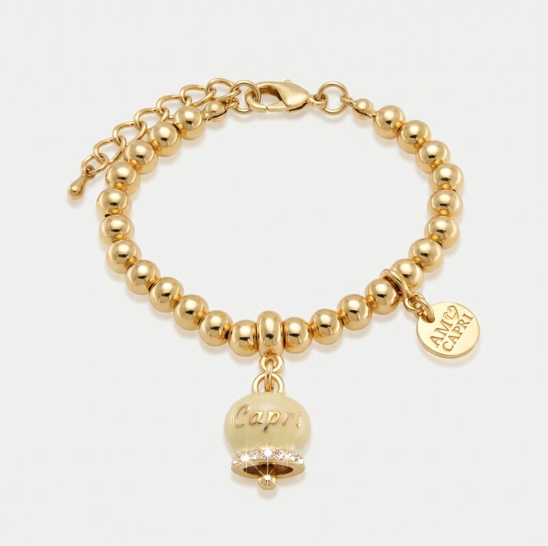 Bracciale in Metallo con campanella portafortuna crema e cristalli - BYSIMON gioielli