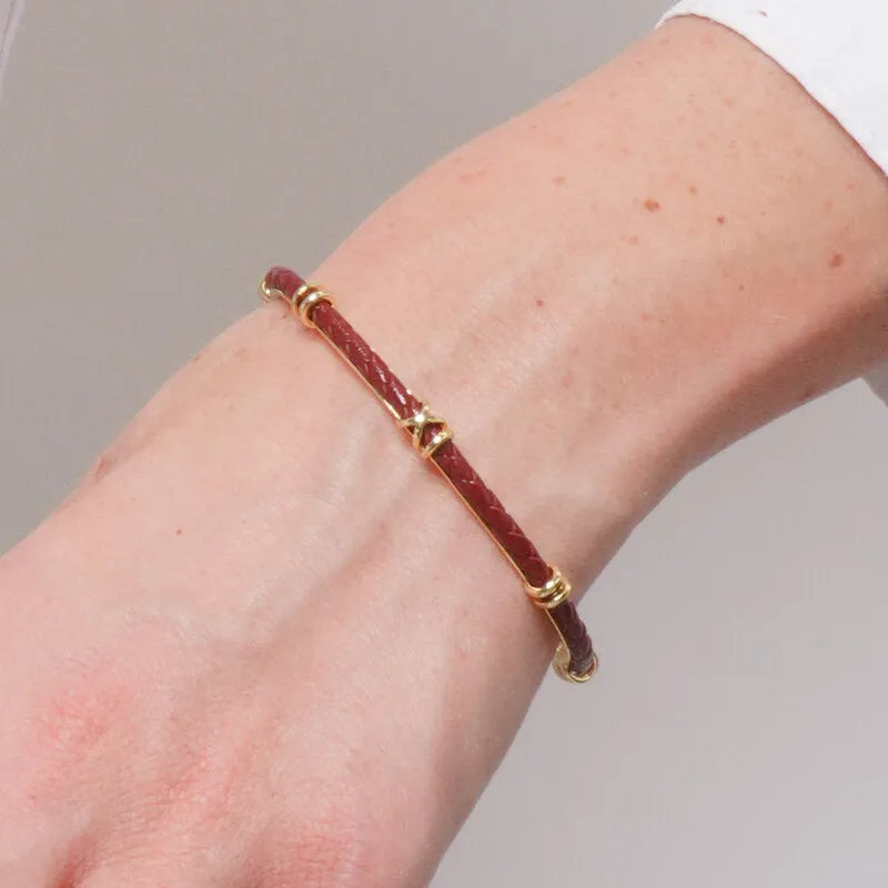 Bracciale in Metallo semirigido in simil pelle intrecciata marrone