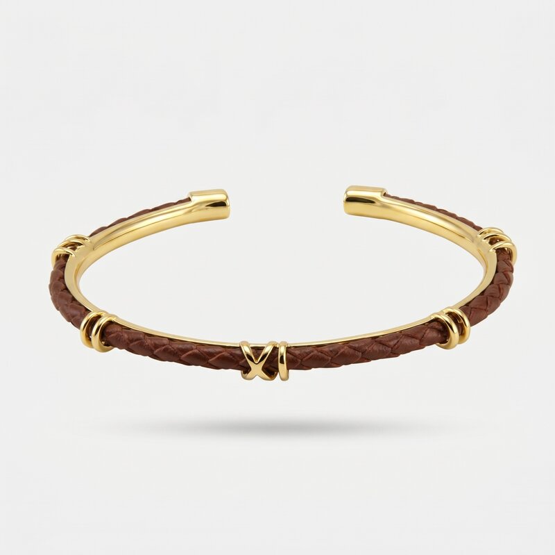 Bracciale in Metallo semirigido in simil pelle intrecciata marrone - BYSIMON gioielli