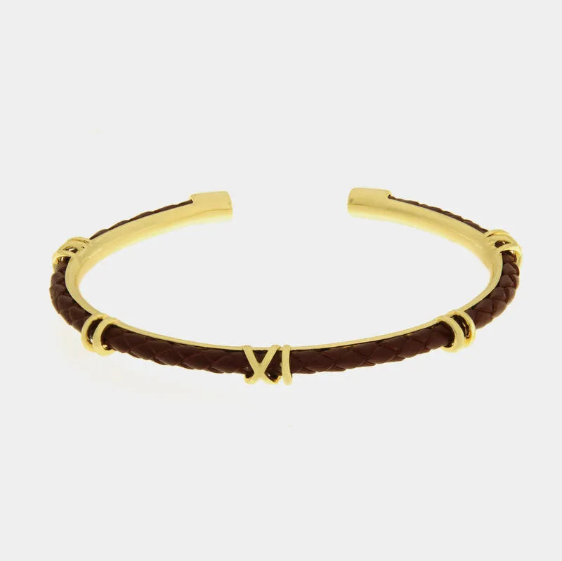 Bracciale in Metallo semirigido in simil pelle intrecciata marrone
