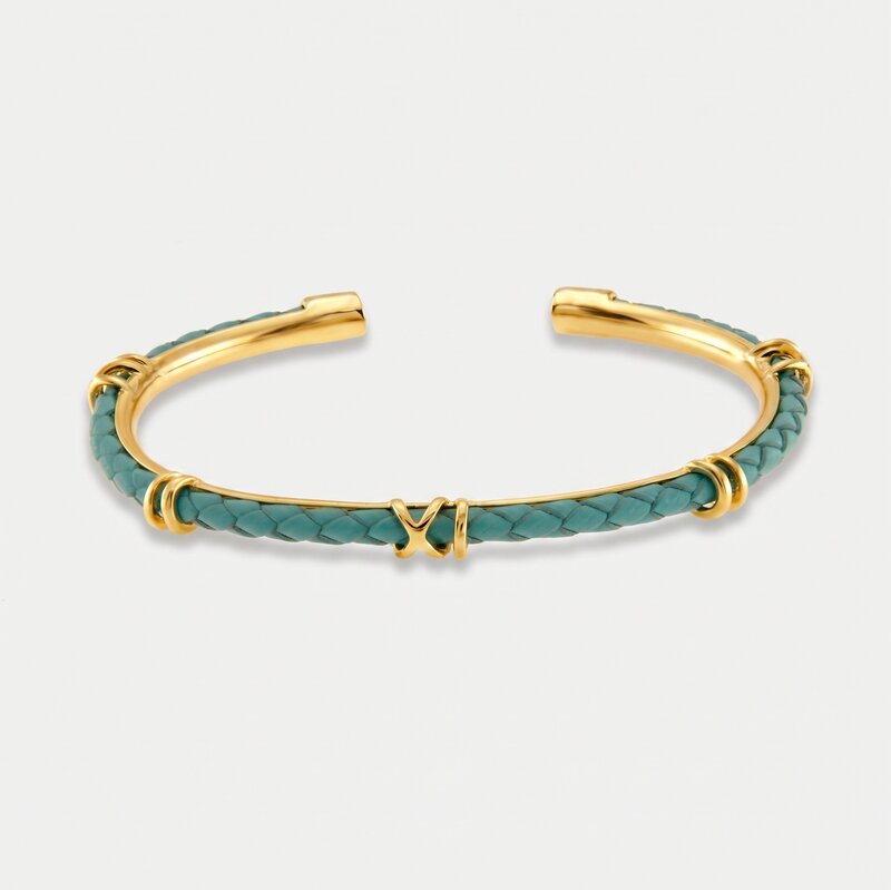Bracciale in Metallo semirigido in simil pelle intrecciata turchese - BYSIMON gioielli