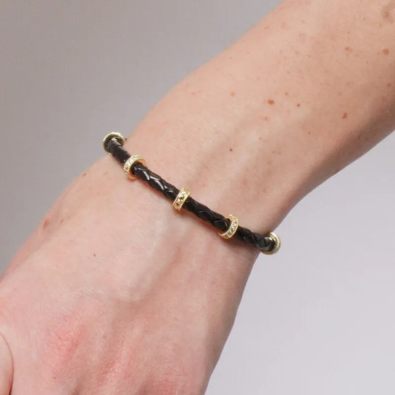 Bracciale in Metallo semirigido in simil pelle intrecciata nero