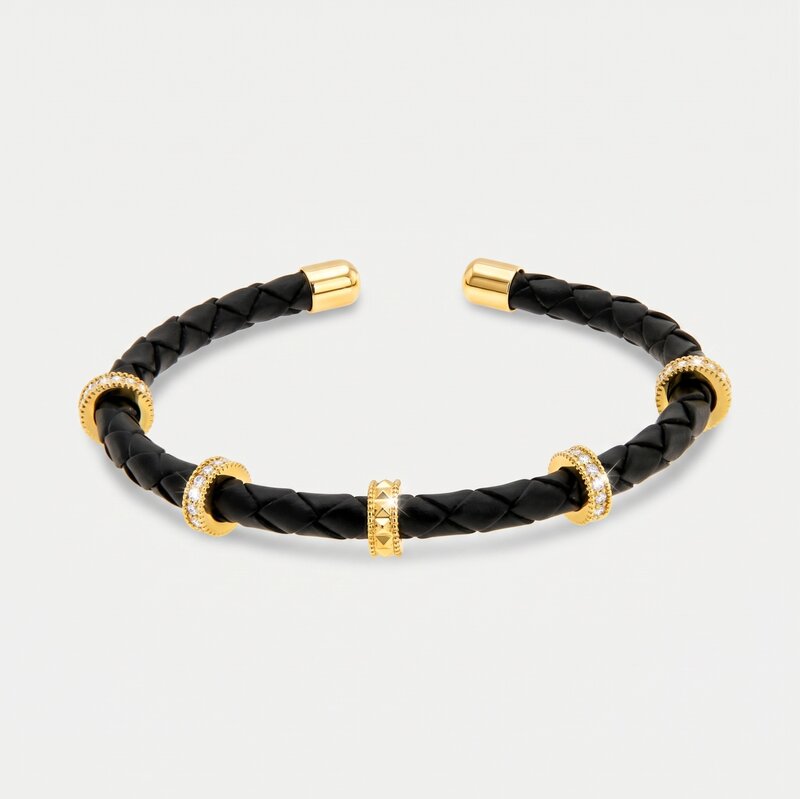 Bracciale in Metallo semirigido in simil pelle intrecciata nero - BYSIMON gioielli