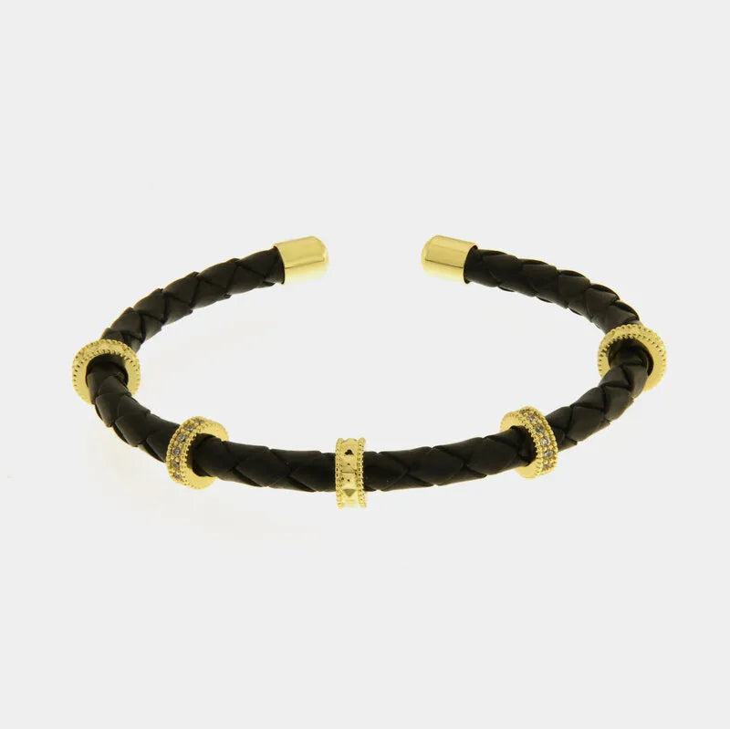 Bracciale in Metallo semirigido in simil pelle intrecciata nero