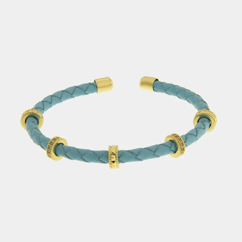 Bracciale in Metallo semirigido in simil pelle intrecciata turchese