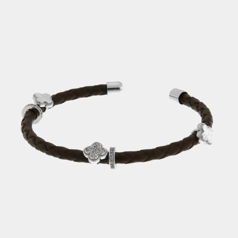 Bracciale in Metallo semirigido in simil pelle intrecciata marrone