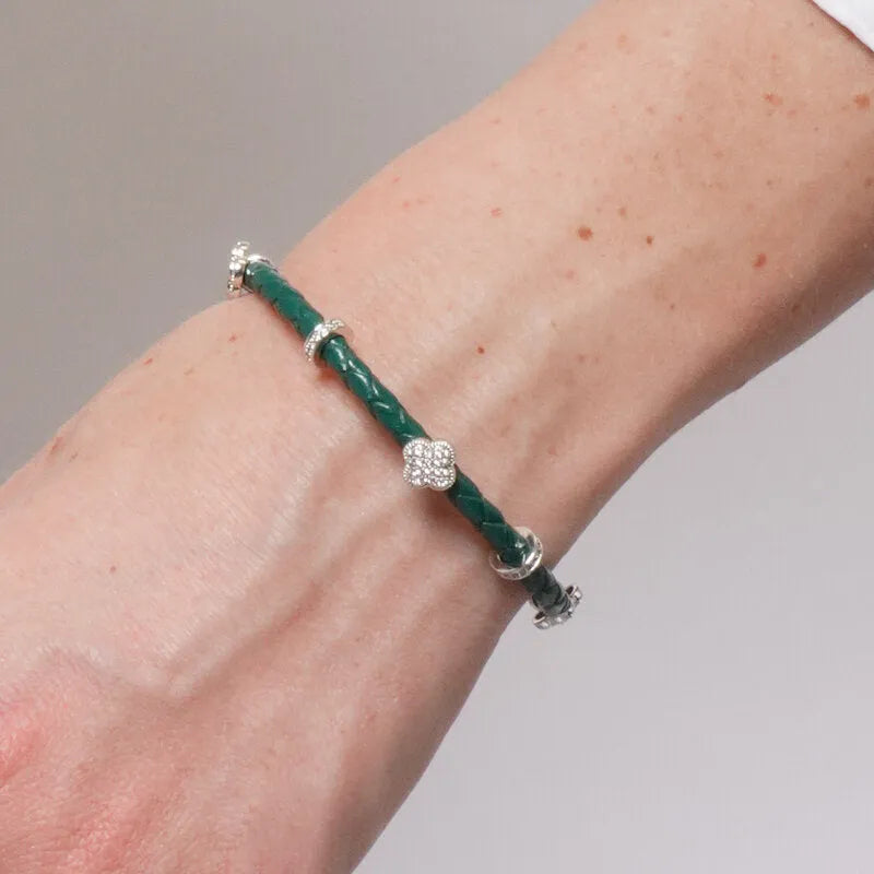 Bracciale in Metallo semirigido in simil pelle intrecciata verde petrolio