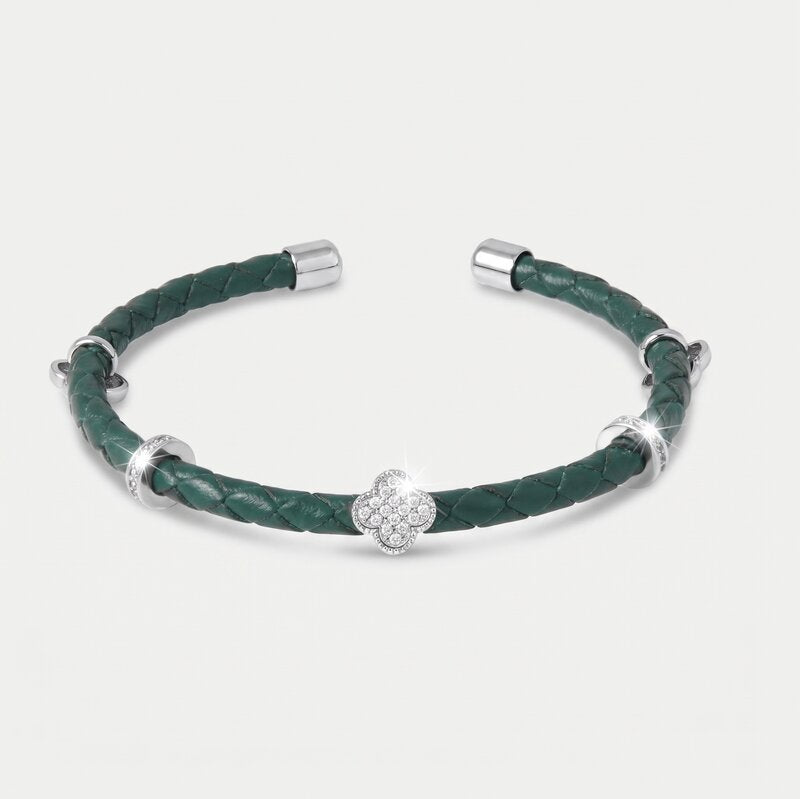 Bracciale in Metallo semirigido in simil pelle intrecciata verde petrolio - BYSIMON gioielli