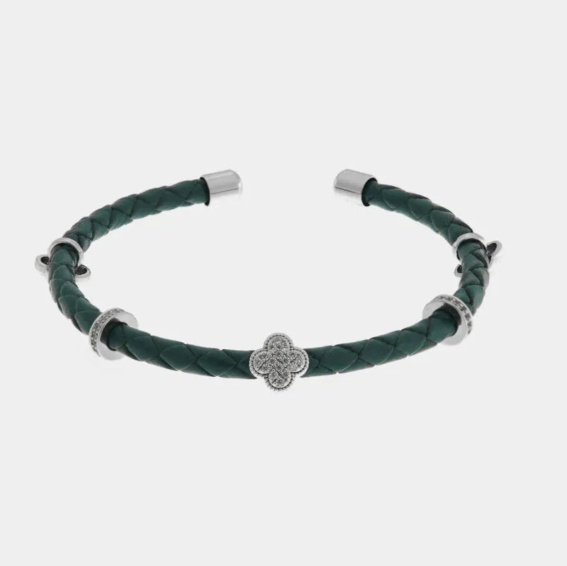 Bracciale in Metallo semirigido in simil pelle intrecciata verde petrolio