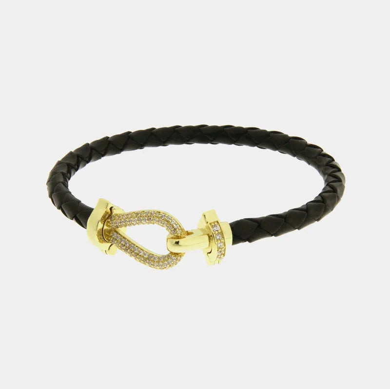 Bracciale in Metallo simil pelle intrecciata nero con chiusura gioiello dorata